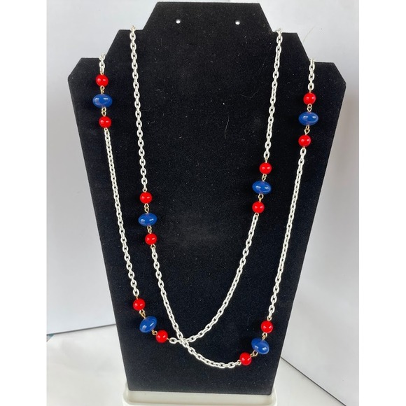 Jewelry - Vintage 1980 57" Nautical Red Blue Glass Bead Station Necklace Silver Tone Chain
